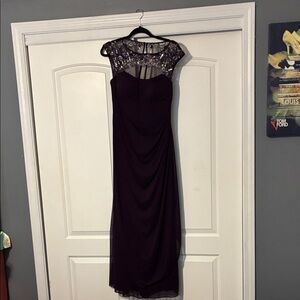 Xscape Dark Purple Maxi Dress with Embellished Shoulders